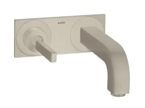 Wandmontierter Axor-Waschtischmischer aus brushed Nickel mit einem einhebeligen Bediengriff und einem geraden Auslauf.